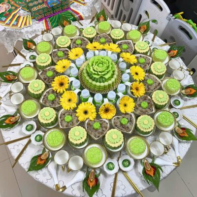 mâm cúng đầy tháng, thôi nôi tone xanh