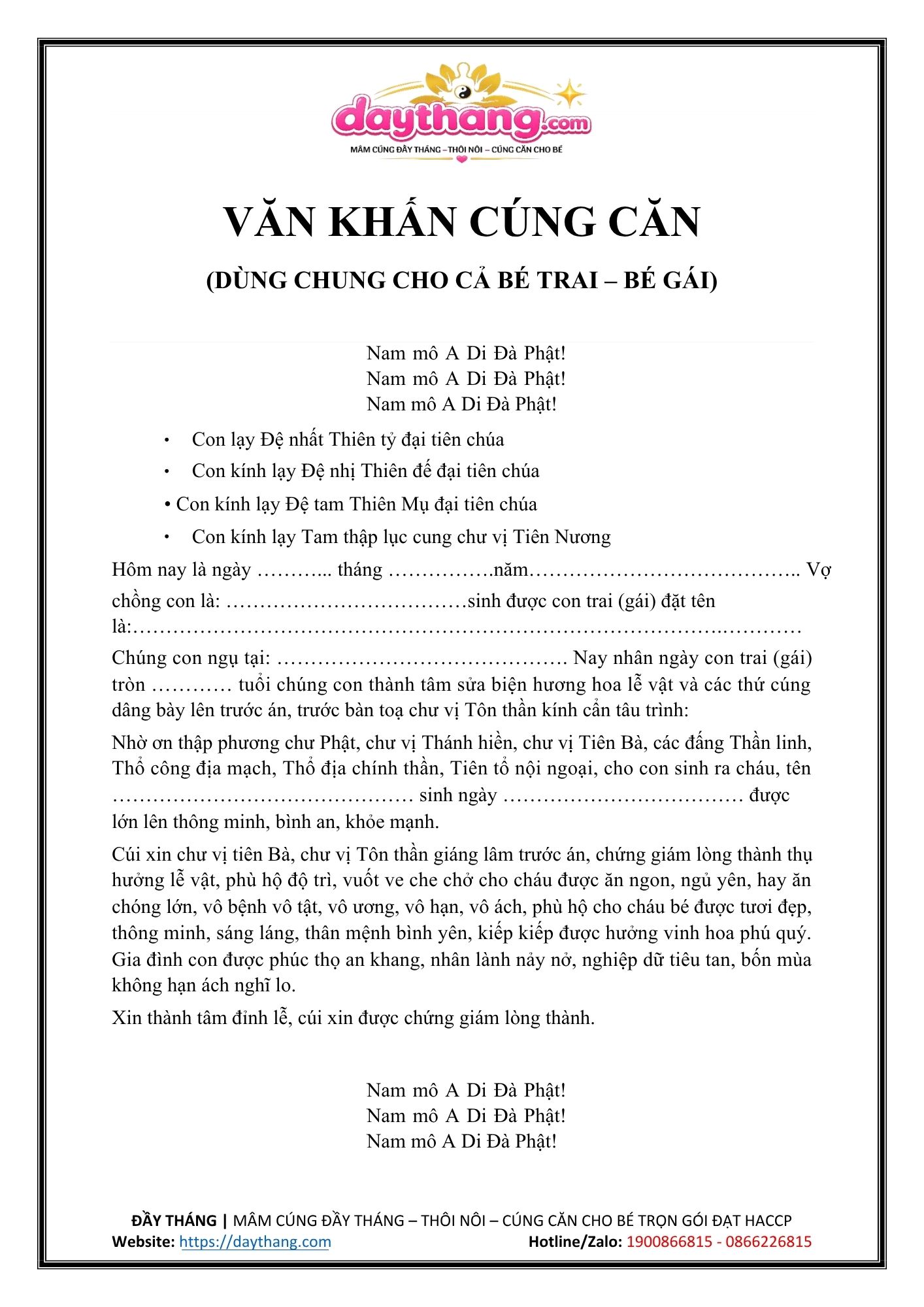 Văn khấn cúng căn cho bé chuẩn nhất