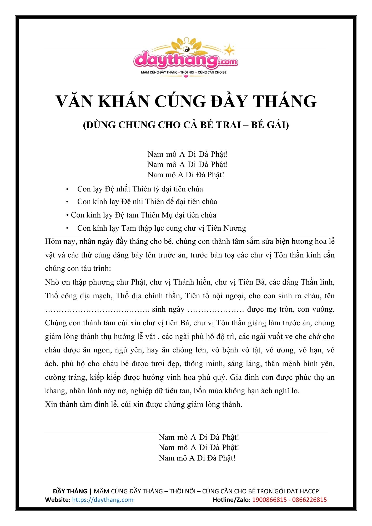 Văn khấn đầy tháng cho bé chuẩn nhất