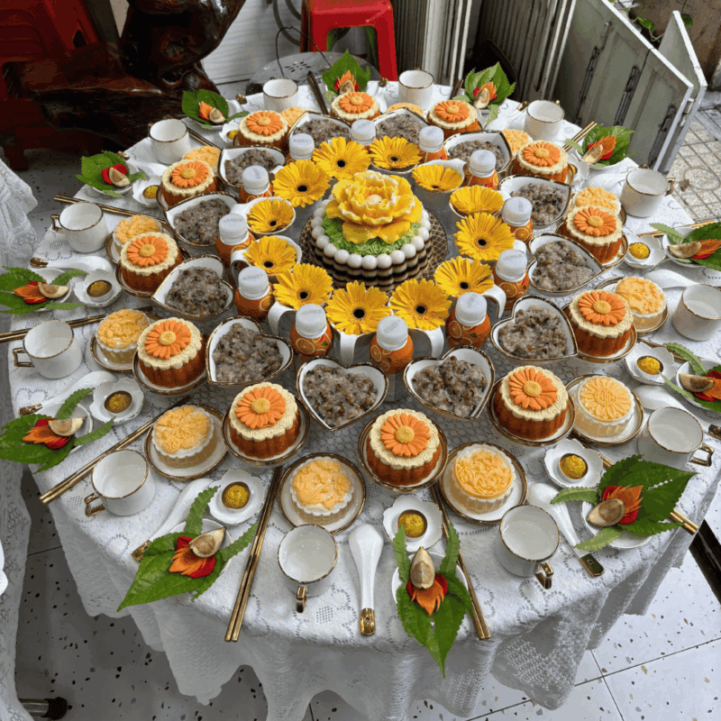 Mâm cúng đầy tháng bé trai premium tone cam