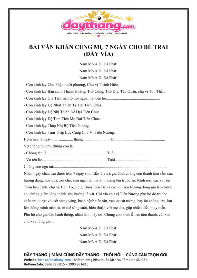 van khấn cúng mụ đầy vía 7 ngày