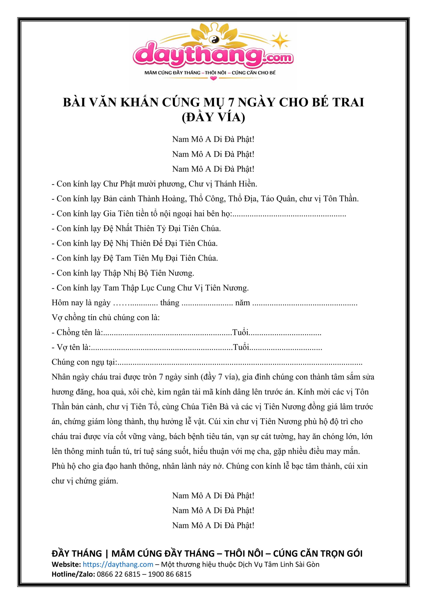 van khấn cúng mụ đầy vía 7 ngày
